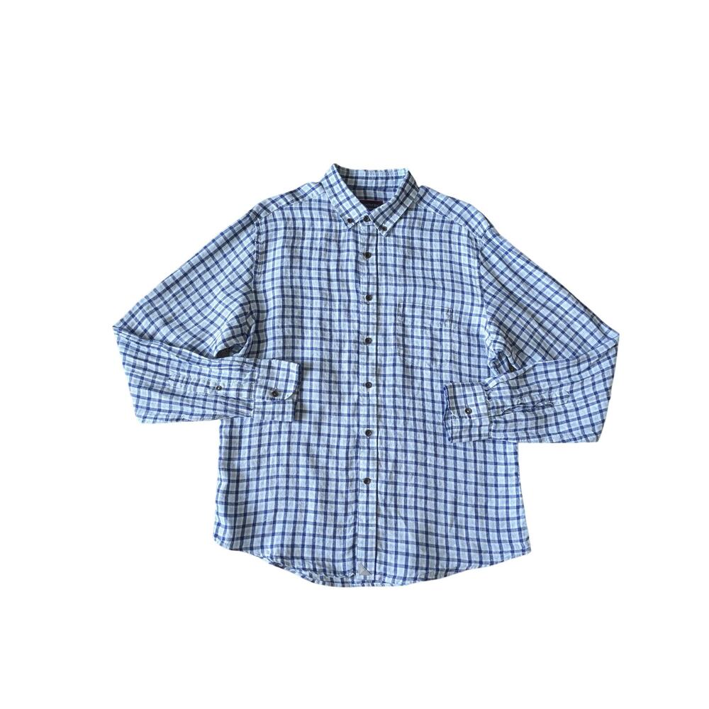 Untuckit Button Down Linen Shirt Mens M Blue Plaid Coastal Beachy Preppy